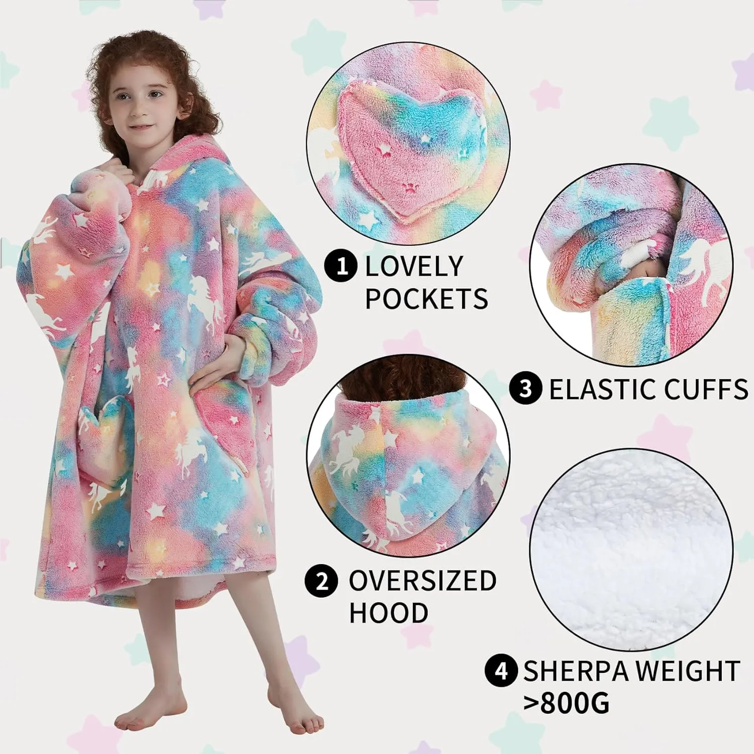 Fiosnow Glow in the Dark Unicorn Blanket Hoodies for Kids 6-13YR Oversize Wearable Blanket Hoodies for Boys Girls Teens