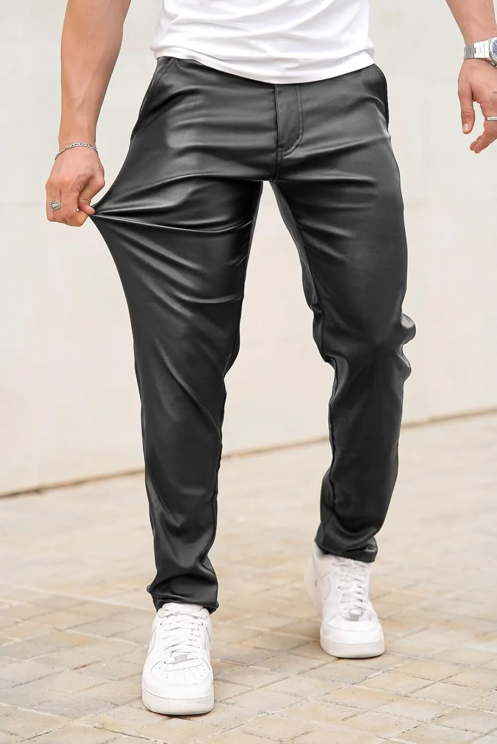 GINGTTO Mens Leather Pants Slim Fit Disco Pants for Men Stretch