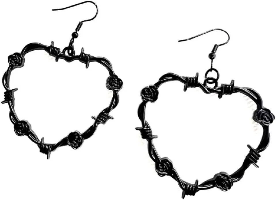 Gothic Barbed Wire Love Heart Drop Dangle Earrings Chunky Big Flower Hoop Metal Thorns for Women Girls Goth Punk Large Hip Hop Party Jewelry