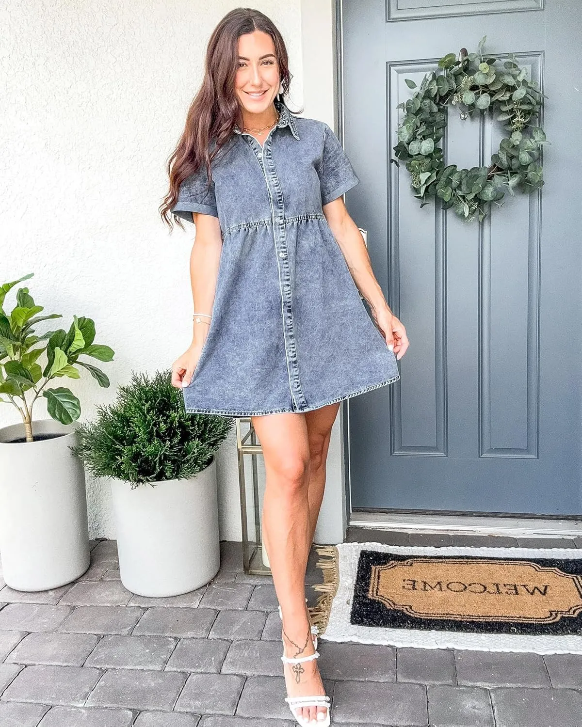 GRAPENT Denim Dress for Women Babydoll Tiered Short Sleeve Button Down Jean Shirt Dresses