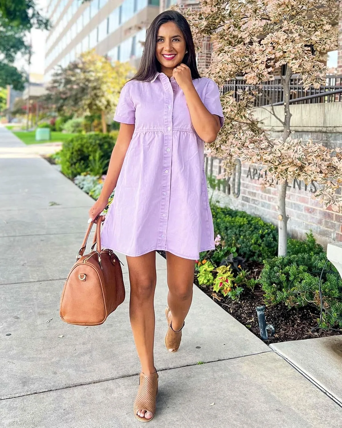 GRAPENT Denim Dress for Women Babydoll Tiered Short Sleeve Button Down Jean Shirt Dresses