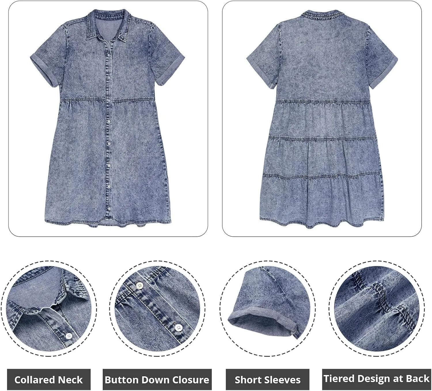 GRAPENT Denim Dress for Women Babydoll Tiered Short Sleeve Button Down Jean Shirt Dresses