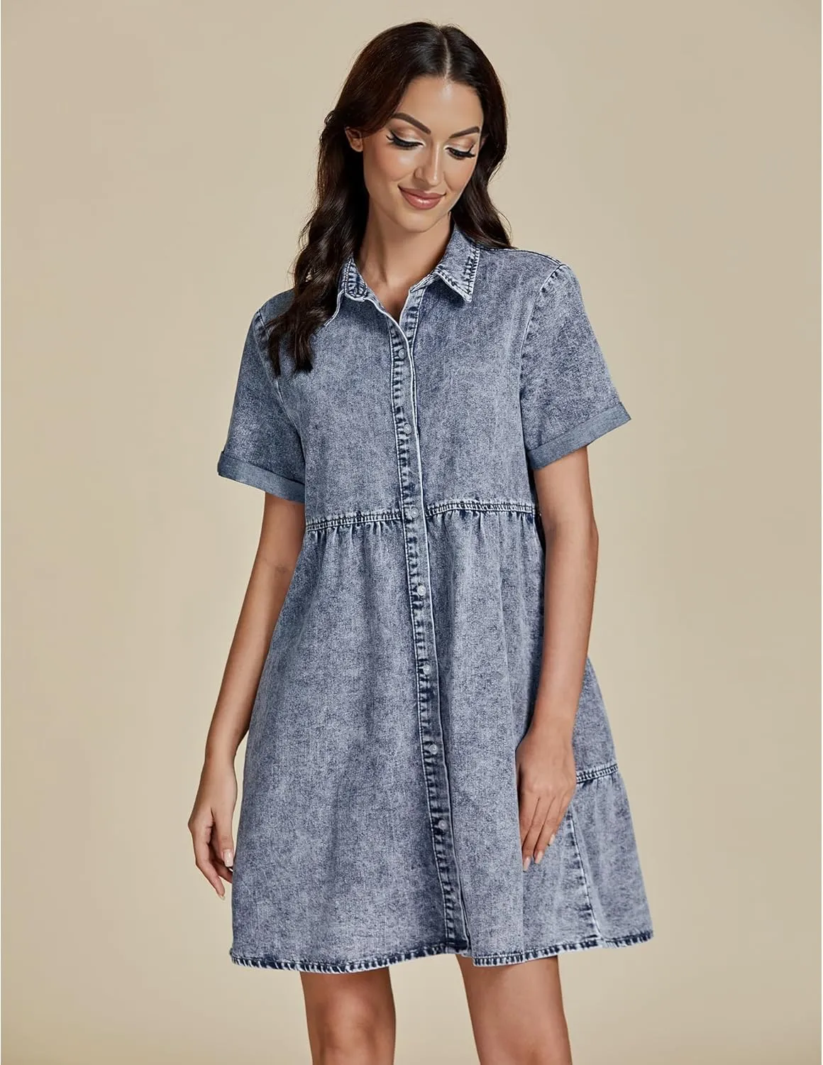 GRAPENT Denim Dress for Women Babydoll Tiered Short Sleeve Button Down Jean Shirt Dresses