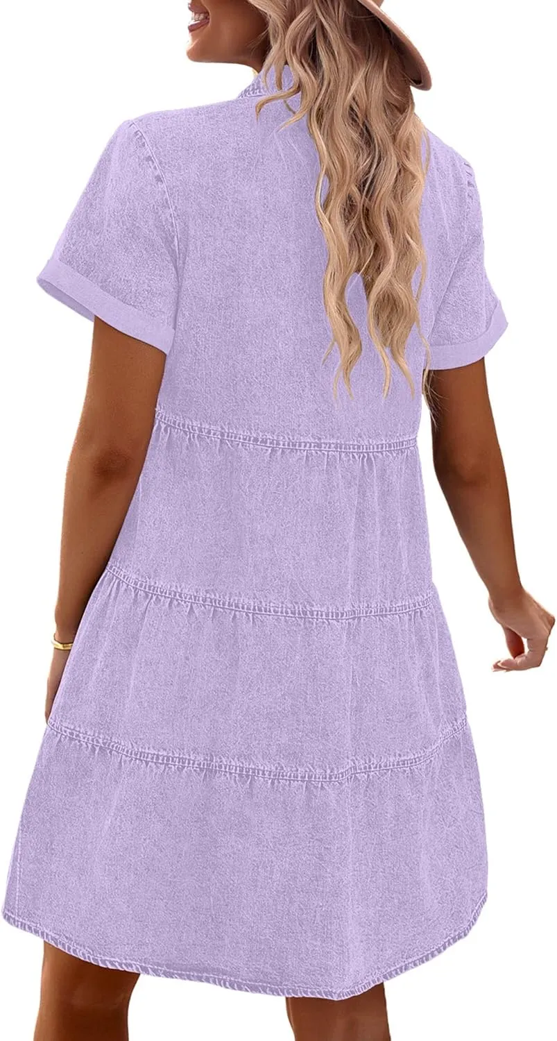 GRAPENT Denim Dress for Women Babydoll Tiered Short Sleeve Button Down Jean Shirt Dresses