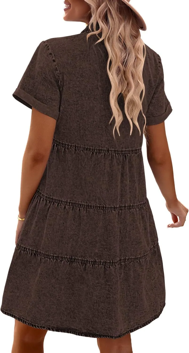 GRAPENT Denim Dress for Women Babydoll Tiered Short Sleeve Button Down Jean Shirt Dresses