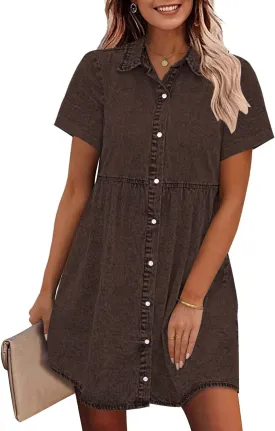 GRAPENT Denim Dress for Women Babydoll Tiered Short Sleeve Button Down Jean Shirt Dresses