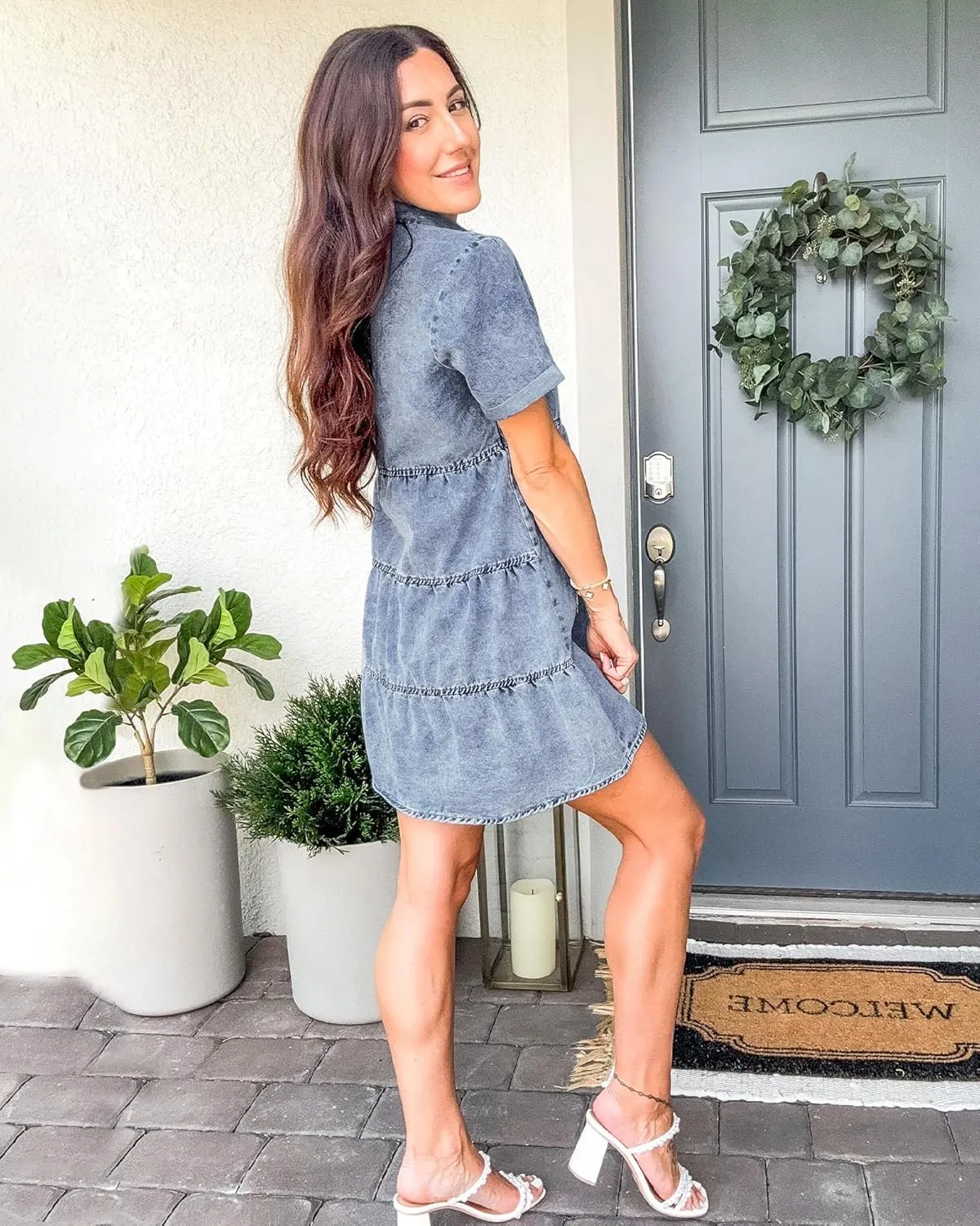 GRAPENT Denim Dress for Women Babydoll Tiered Short Sleeve Button Down Jean Shirt Dresses