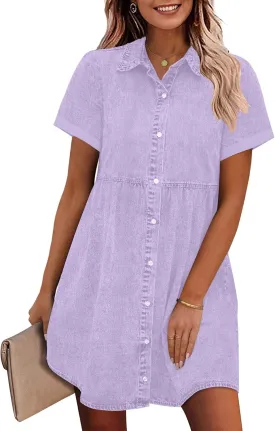 GRAPENT Denim Dress for Women Babydoll Tiered Short Sleeve Button Down Jean Shirt Dresses