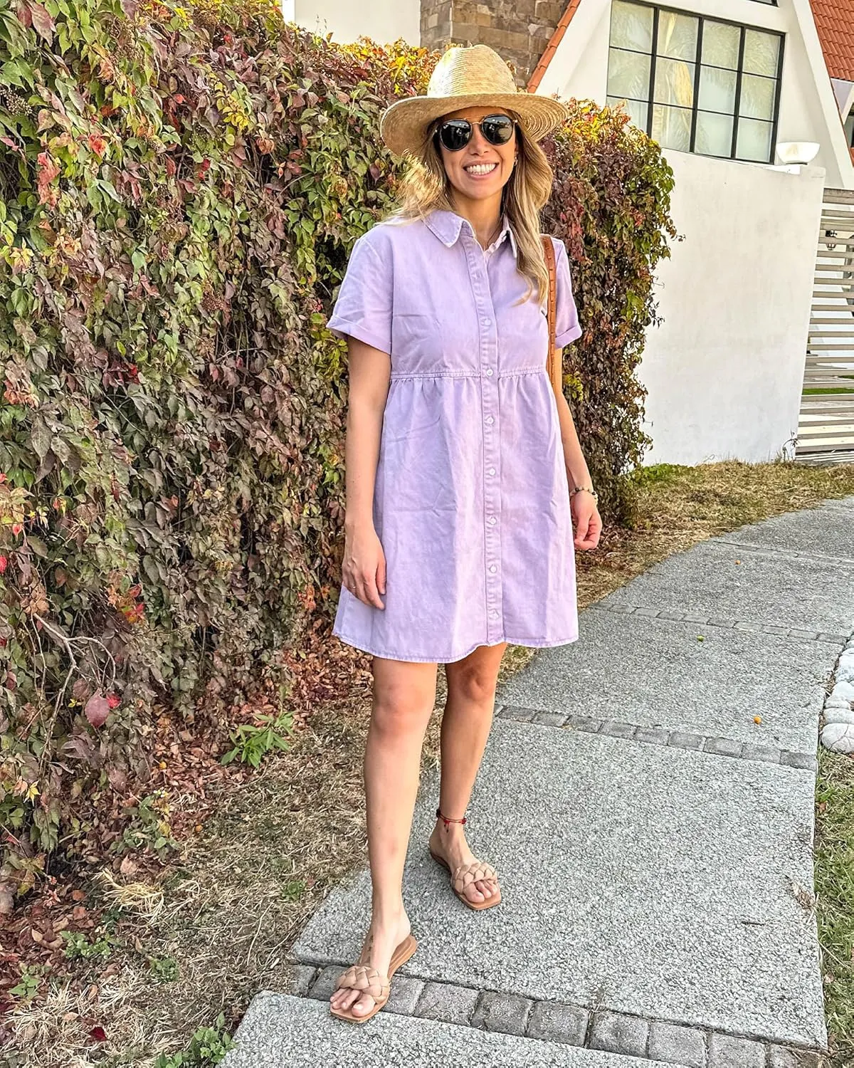 GRAPENT Denim Dress for Women Babydoll Tiered Short Sleeve Button Down Jean Shirt Dresses