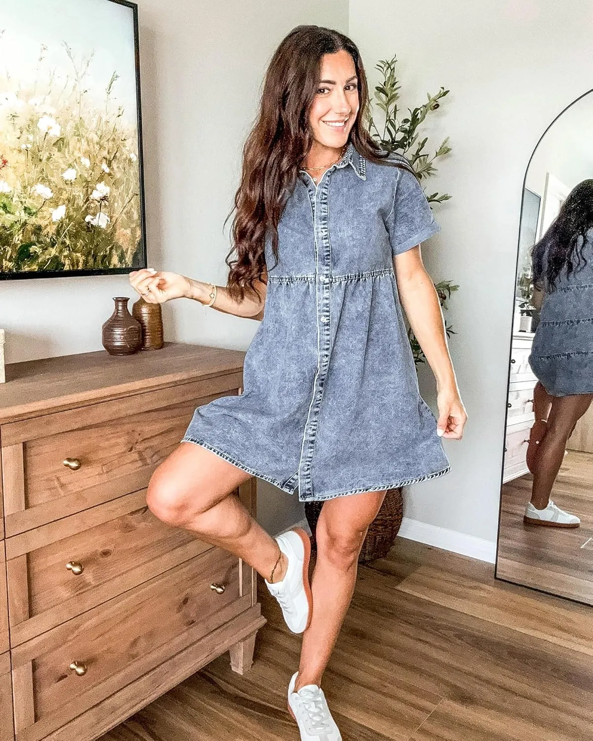 GRAPENT Denim Dress for Women Babydoll Tiered Short Sleeve Button Down Jean Shirt Dresses