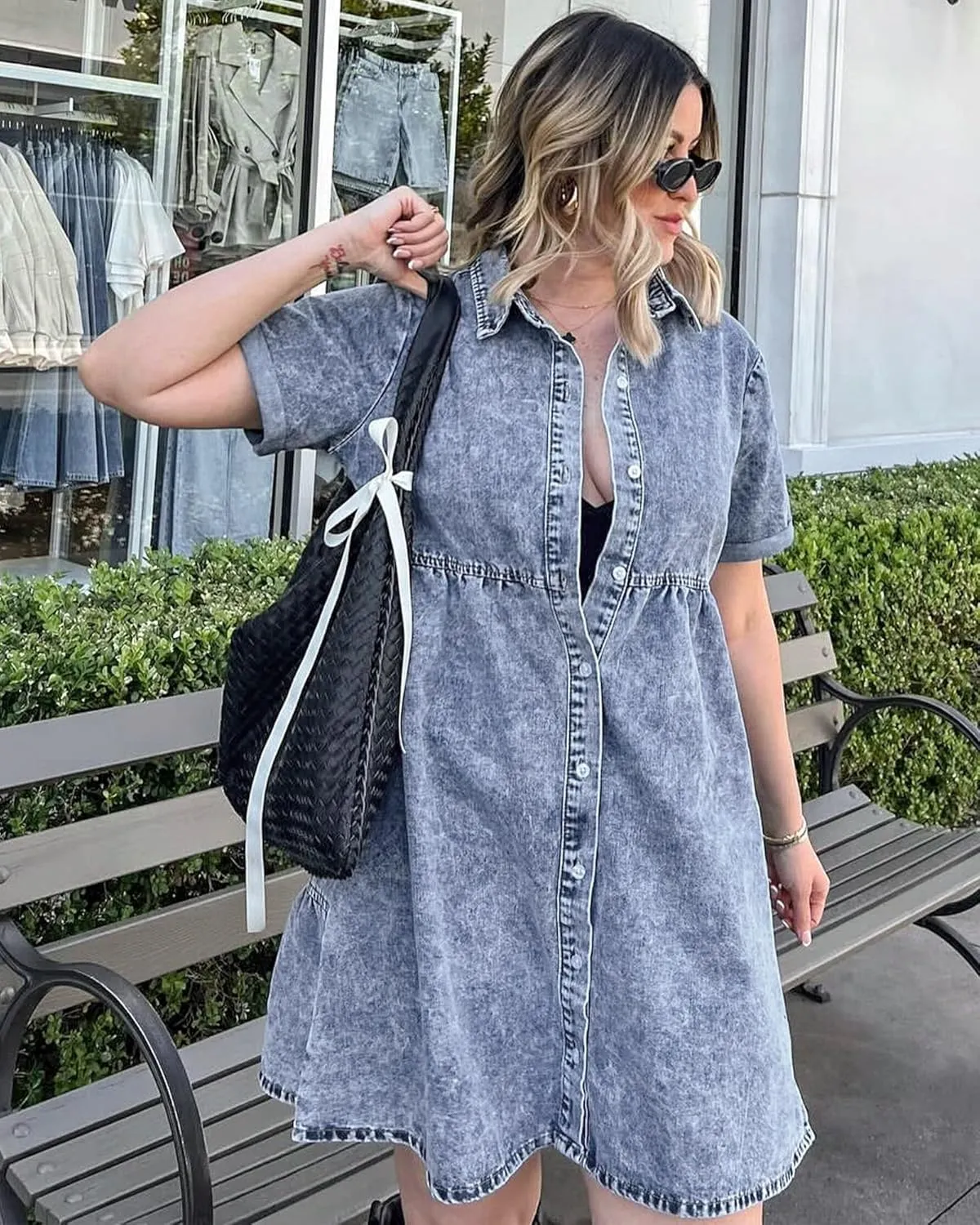 GRAPENT Denim Dress for Women Babydoll Tiered Short Sleeve Button Down Jean Shirt Dresses