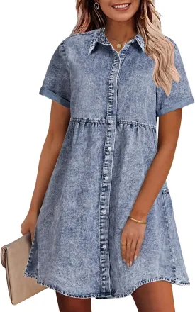GRAPENT Denim Dress for Women Babydoll Tiered Short Sleeve Button Down Jean Shirt Dresses