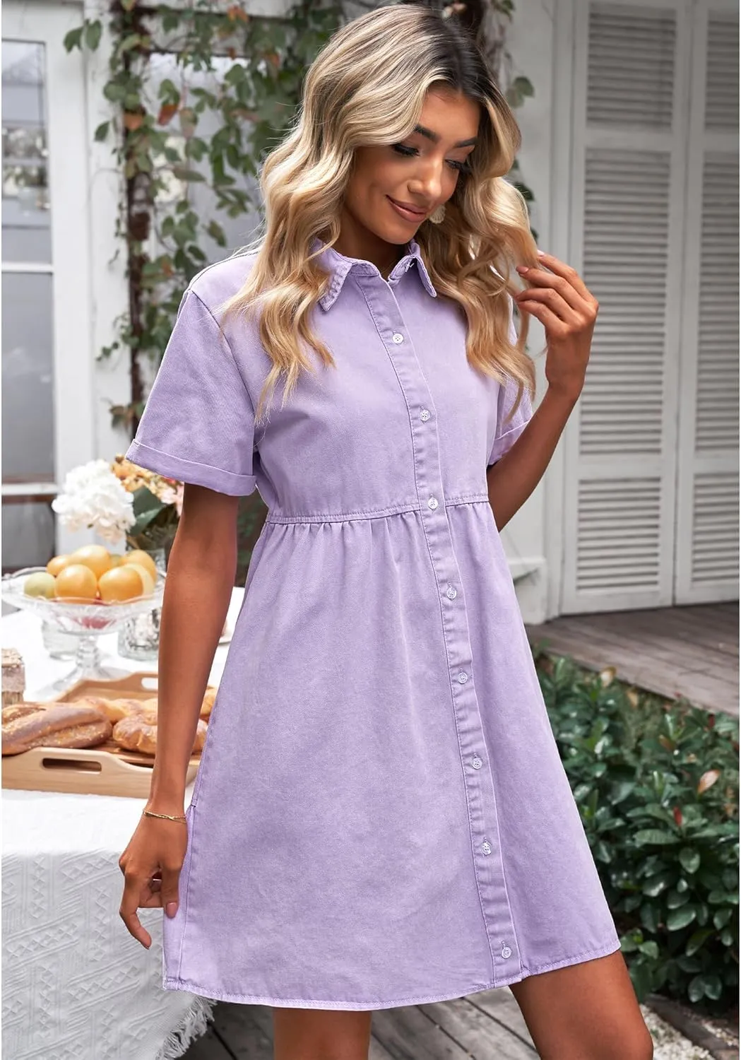 GRAPENT Denim Dress for Women Babydoll Tiered Short Sleeve Button Down Jean Shirt Dresses