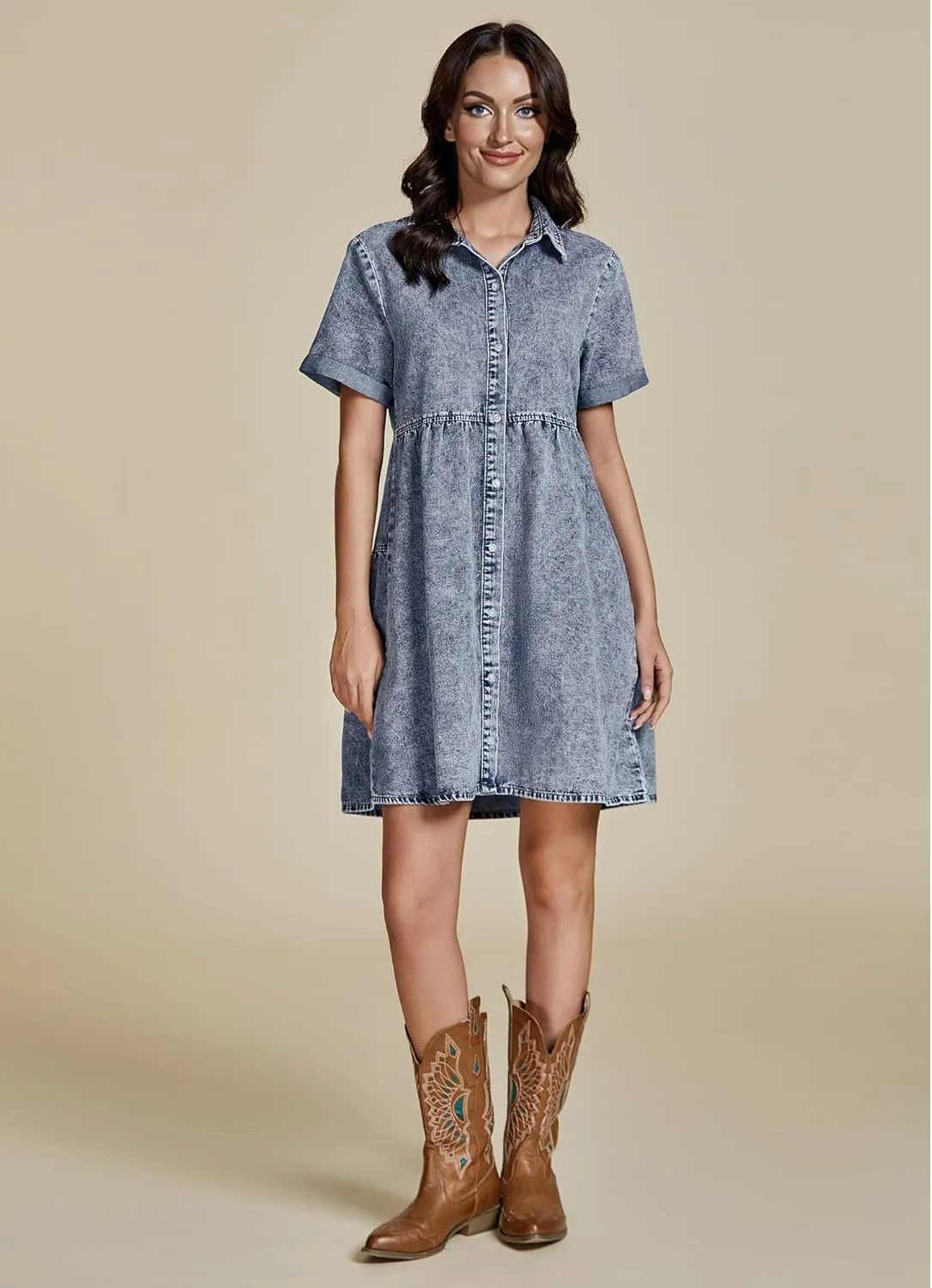 GRAPENT Denim Dress for Women Babydoll Tiered Short Sleeve Button Down Jean Shirt Dresses
