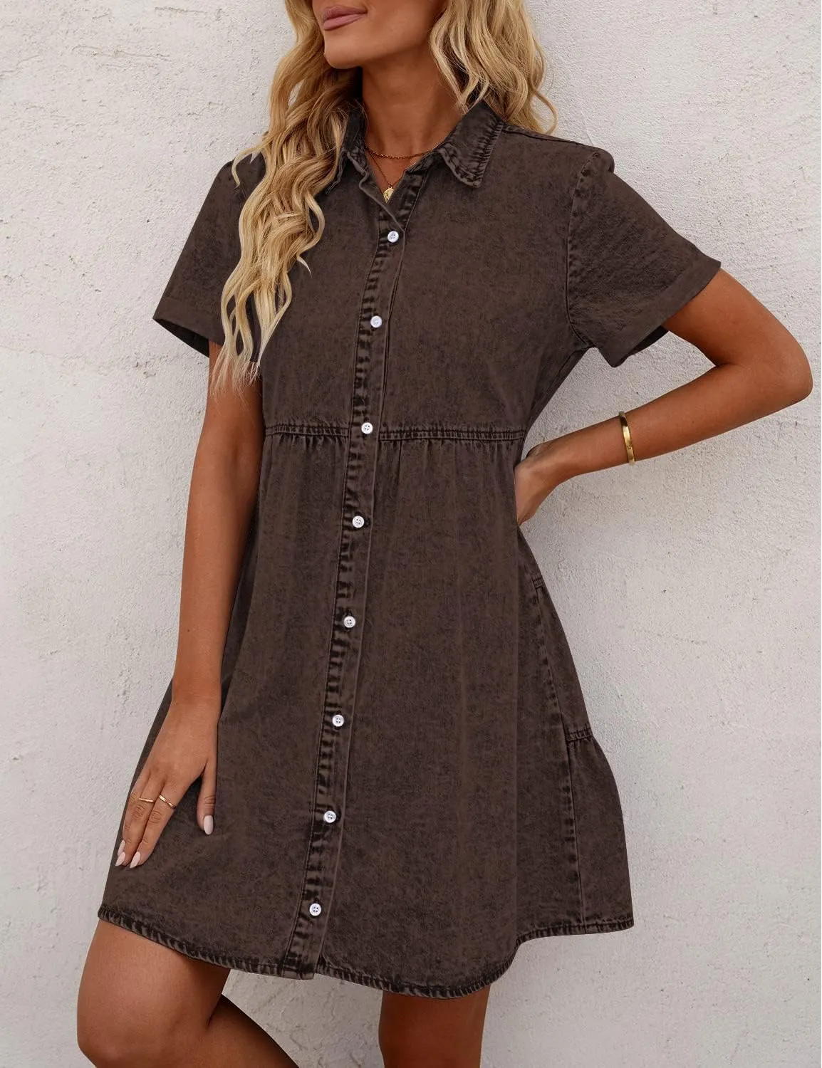 GRAPENT Denim Dress for Women Babydoll Tiered Short Sleeve Button Down Jean Shirt Dresses