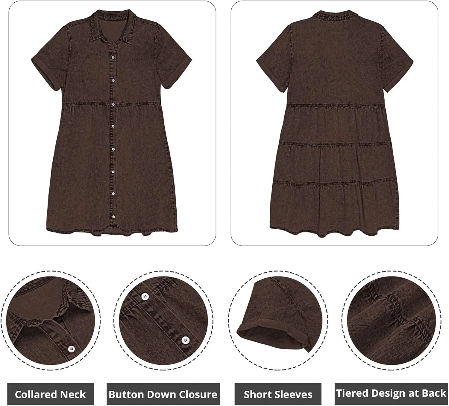 GRAPENT Denim Dress for Women Babydoll Tiered Short Sleeve Button Down Jean Shirt Dresses