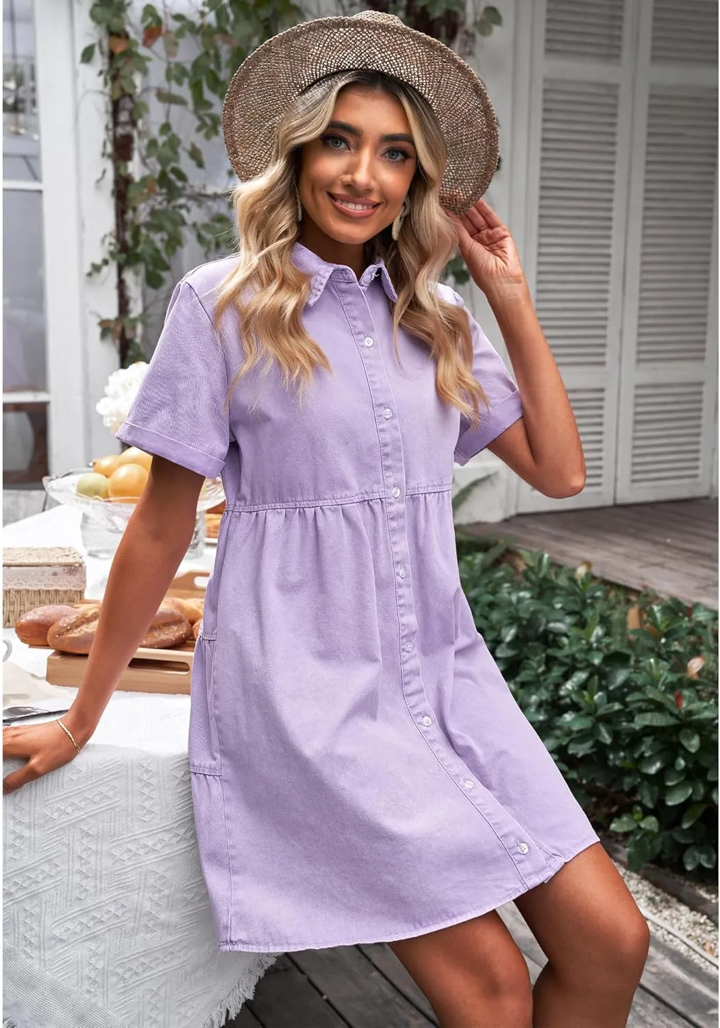 GRAPENT Denim Dress for Women Babydoll Tiered Short Sleeve Button Down Jean Shirt Dresses