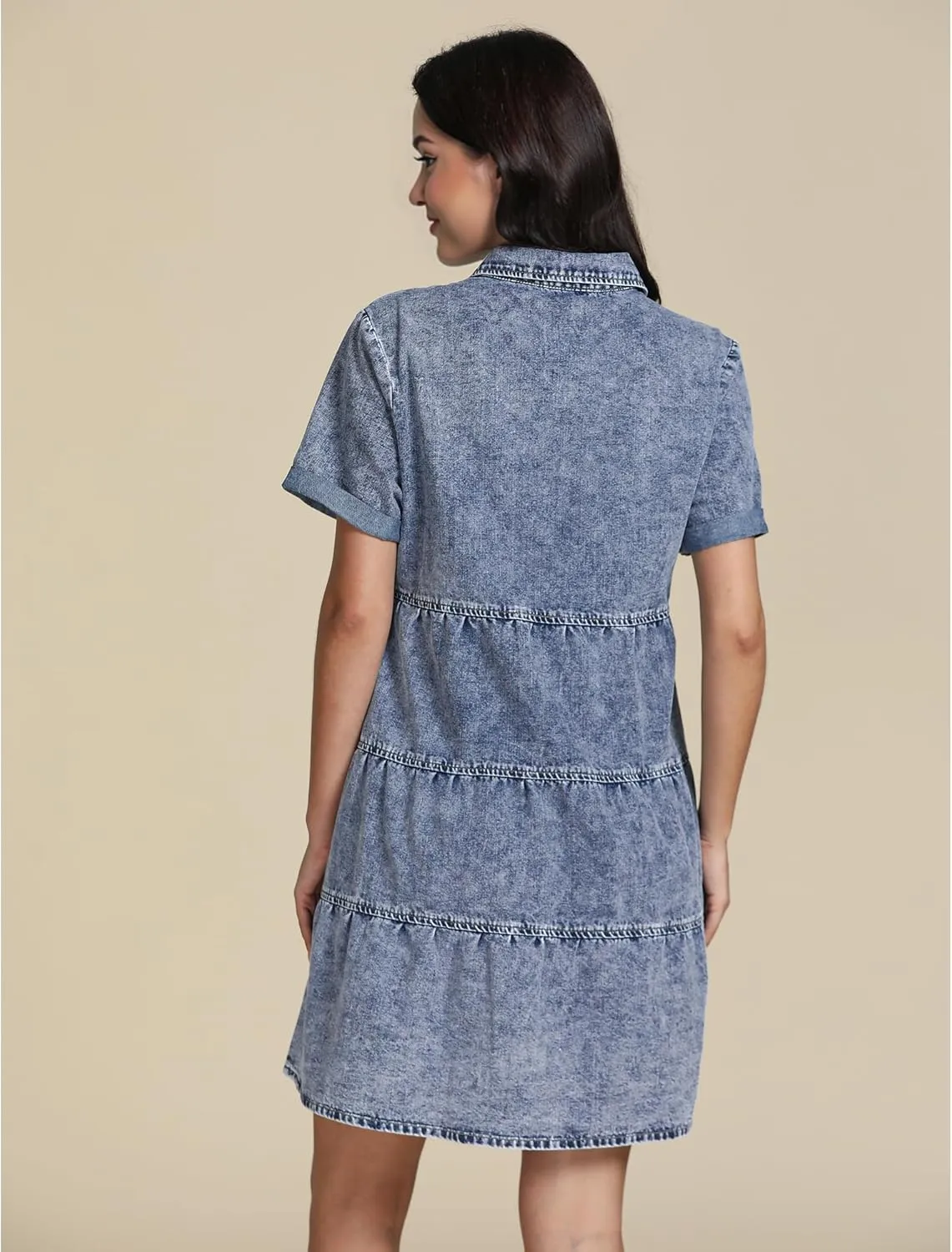 GRAPENT Denim Dress for Women Babydoll Tiered Short Sleeve Button Down Jean Shirt Dresses