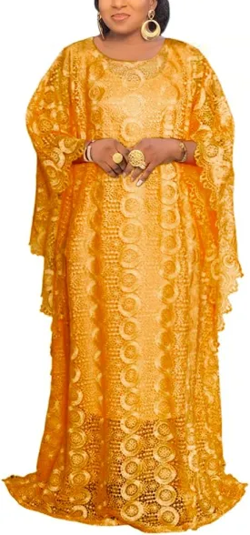 HD Women's Solid Color Lace Kaftan Dress Embroidery Rhinestone Evening Party Gown Plus Size