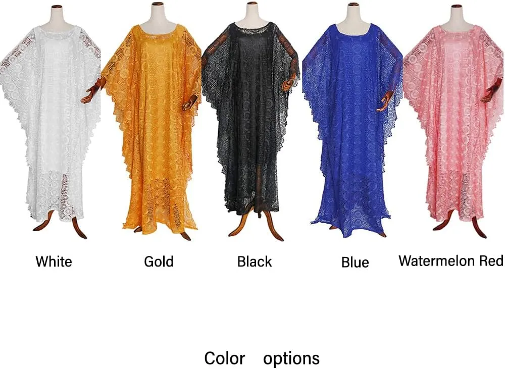 HD Women's Solid Color Lace Kaftan Dress Embroidery Rhinestone Evening Party Gown Plus Size