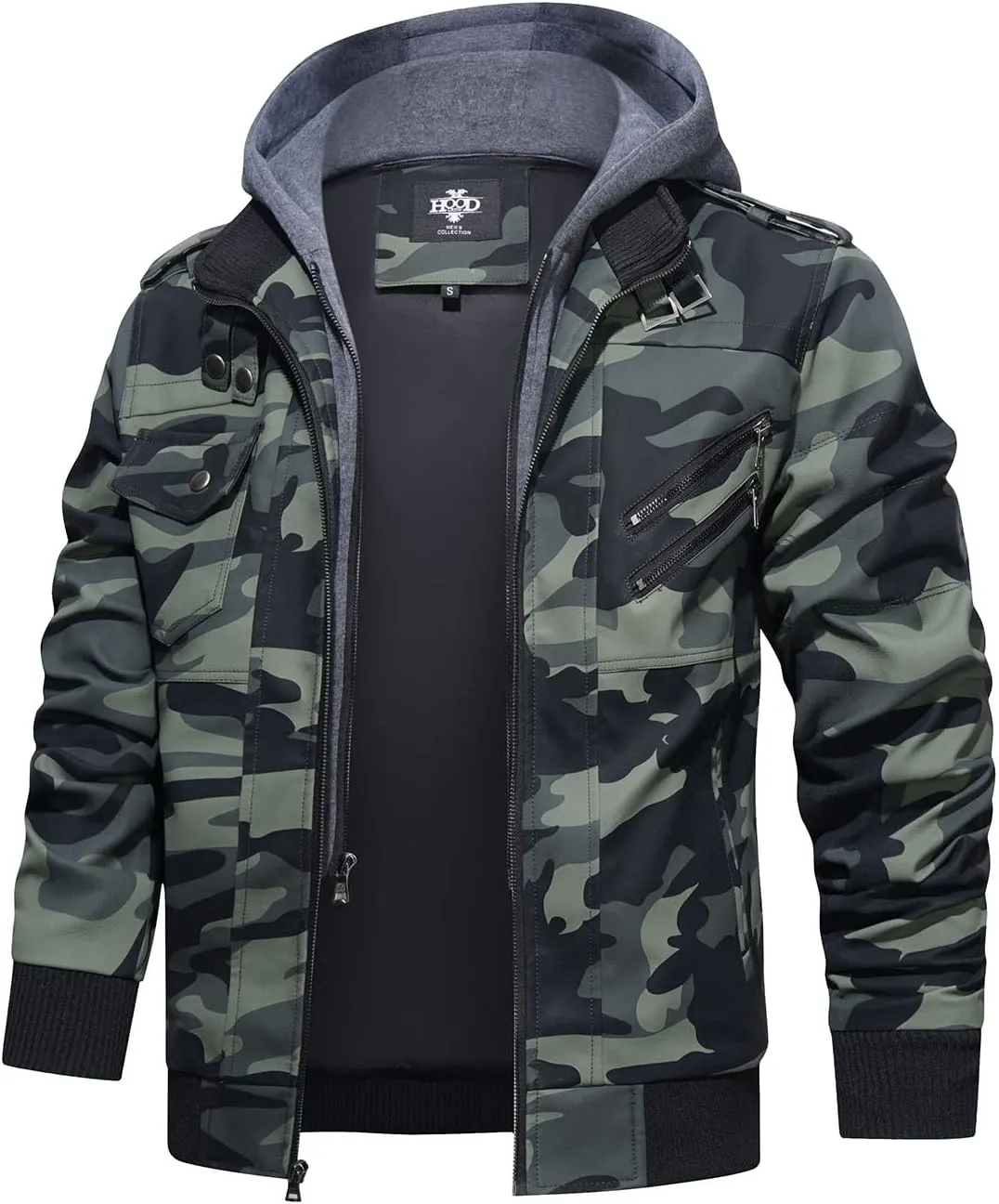 HOOD CREW Mens Casual Stand Collar PU Faux Leather Zip-Up Motorcycle Bomber Jacket With a Removable Hood