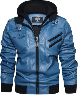 HOOD CREW Mens Casual Stand Collar PU Faux Leather Zip-Up Motorcycle Bomber Jacket With a Removable Hood