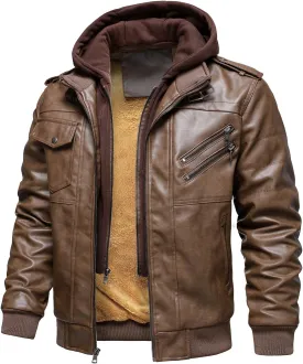 HOOD CREW Mens Casual Stand Collar PU Faux Leather Zip-Up Motorcycle Bomber Jacket With a Removable Hood
