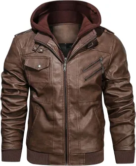 HOOD CREW Mens Casual Stand Collar PU Faux Leather Zip-Up Motorcycle Bomber Jacket With a Removable Hood
