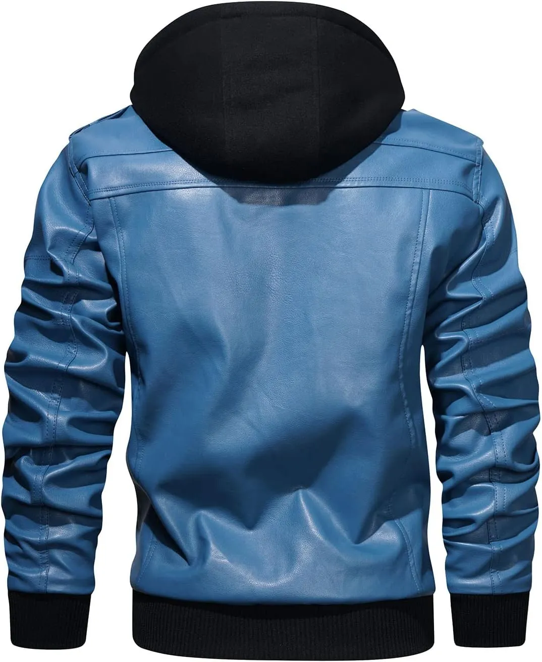 HOOD CREW Mens Casual Stand Collar PU Faux Leather Zip-Up Motorcycle Bomber Jacket With a Removable Hood