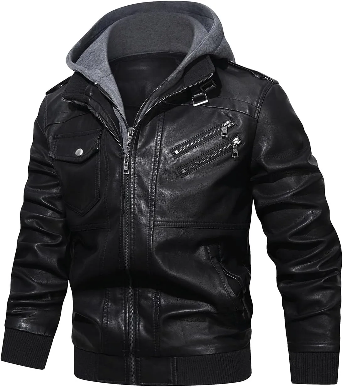 HOOD CREW Mens Casual Stand Collar PU Faux Leather Zip-Up Motorcycle Bomber Jacket With a Removable Hood