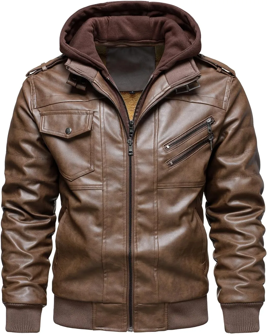HOOD CREW Mens Casual Stand Collar PU Faux Leather Zip-Up Motorcycle Bomber Jacket With a Removable Hood