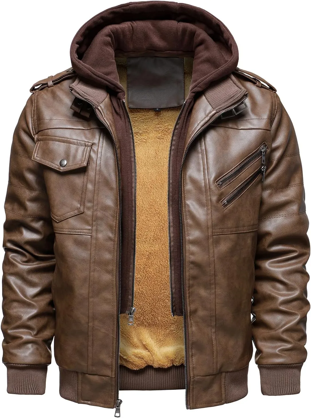 HOOD CREW Mens Casual Stand Collar PU Faux Leather Zip-Up Motorcycle Bomber Jacket With a Removable Hood
