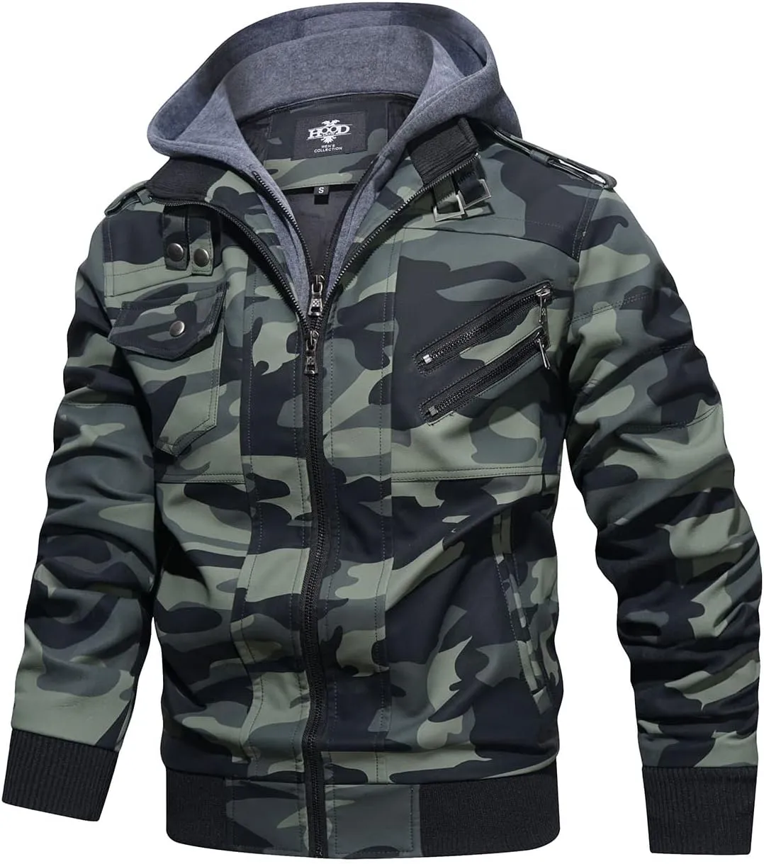 HOOD CREW Mens Casual Stand Collar PU Faux Leather Zip-Up Motorcycle Bomber Jacket With a Removable Hood