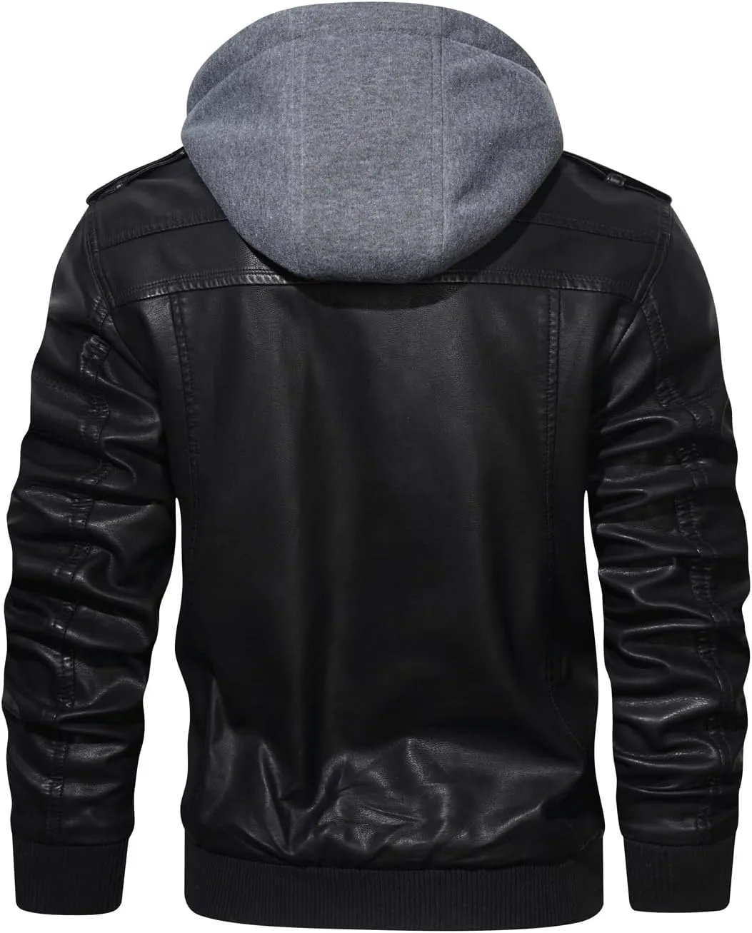 HOOD CREW Mens Casual Stand Collar PU Faux Leather Zip-Up Motorcycle Bomber Jacket With a Removable Hood
