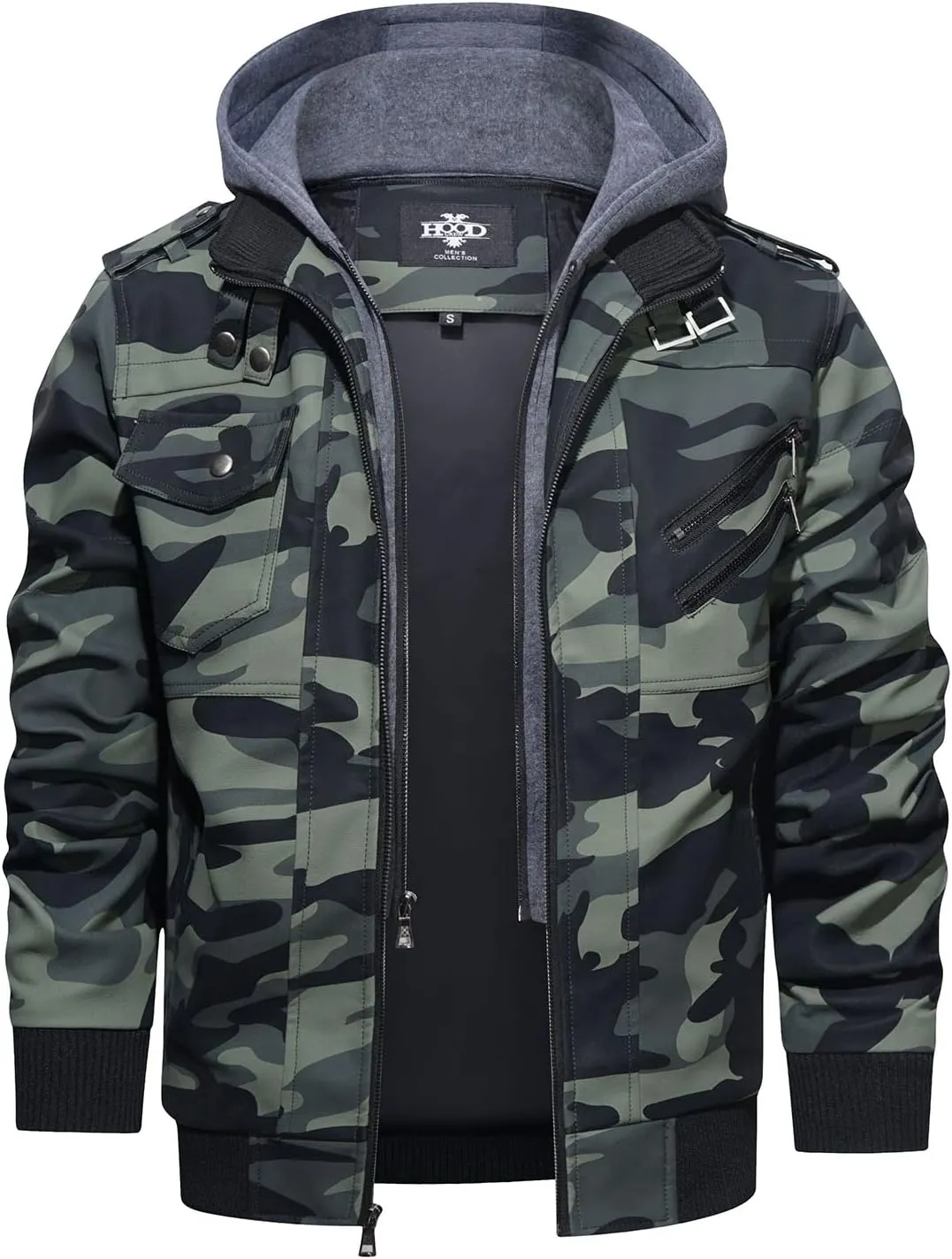 HOOD CREW Mens Casual Stand Collar PU Faux Leather Zip-Up Motorcycle Bomber Jacket With a Removable Hood