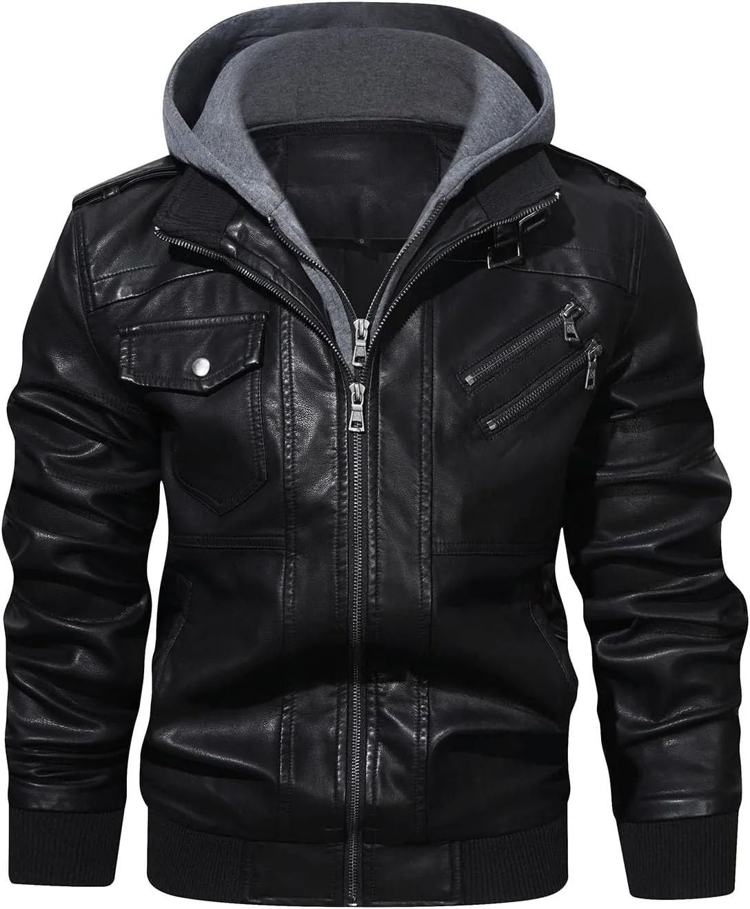 HOOD CREW Mens Casual Stand Collar PU Faux Leather Zip-Up Motorcycle Bomber Jacket With a Removable Hood