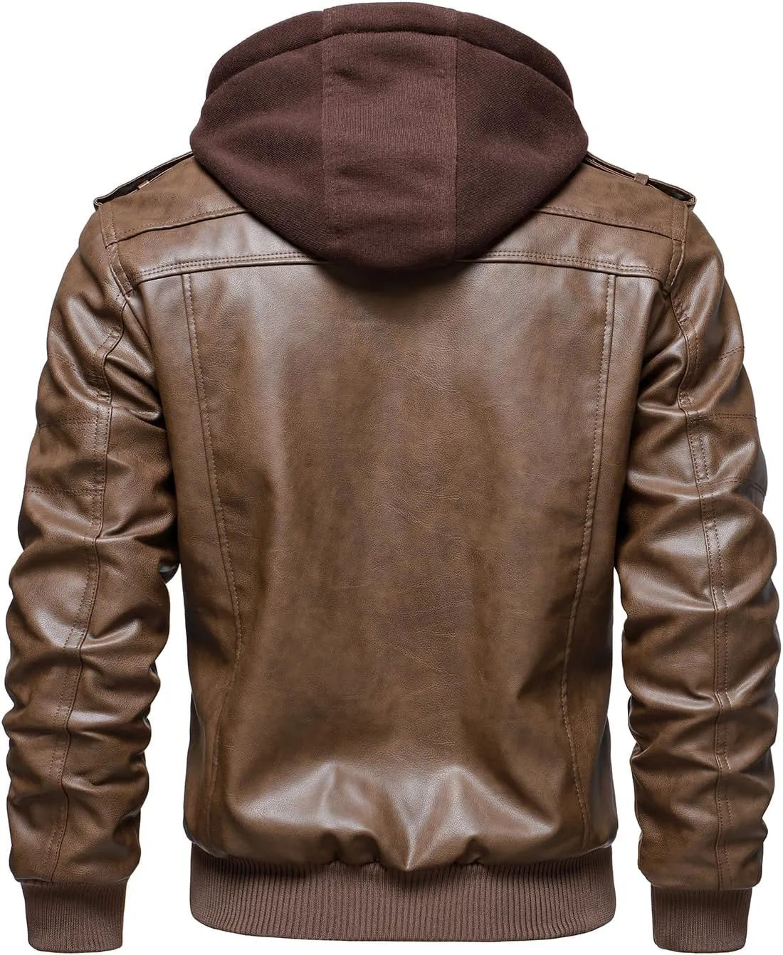 HOOD CREW Mens Casual Stand Collar PU Faux Leather Zip-Up Motorcycle Bomber Jacket With a Removable Hood