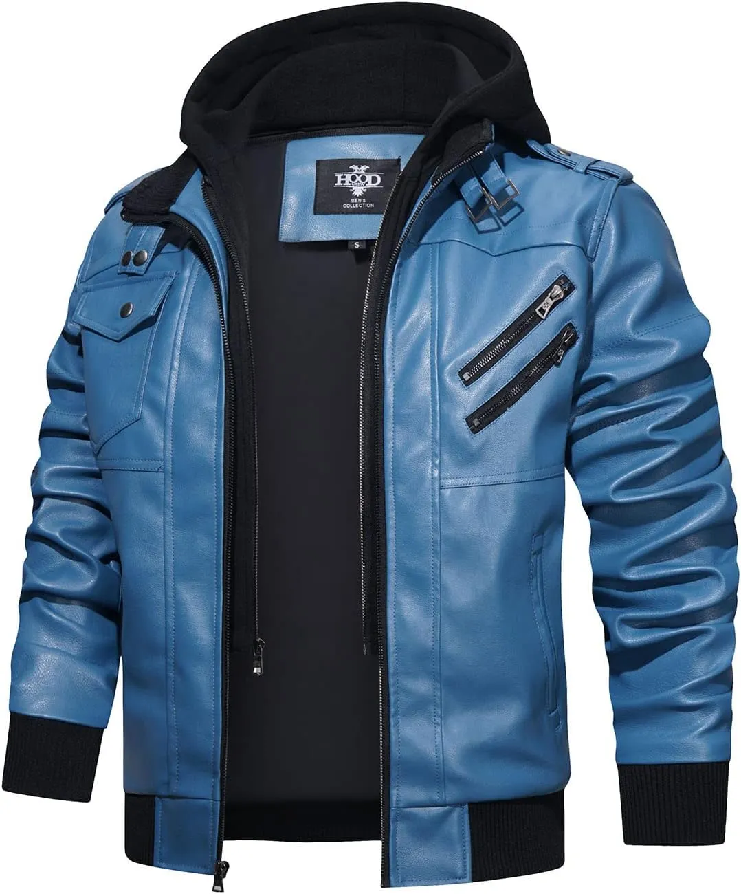 HOOD CREW Mens Casual Stand Collar PU Faux Leather Zip-Up Motorcycle Bomber Jacket With a Removable Hood