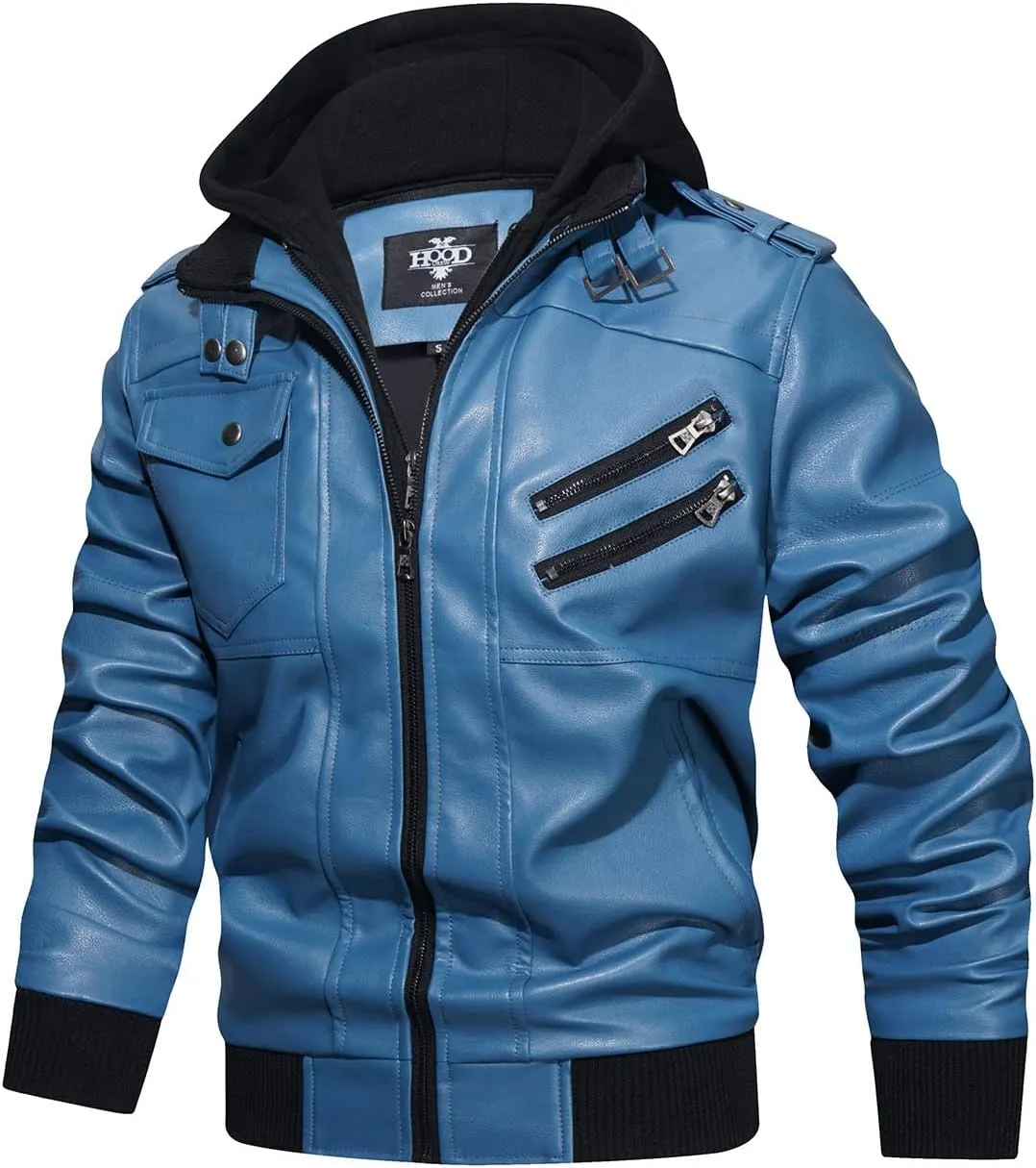 HOOD CREW Mens Casual Stand Collar PU Faux Leather Zip-Up Motorcycle Bomber Jacket With a Removable Hood