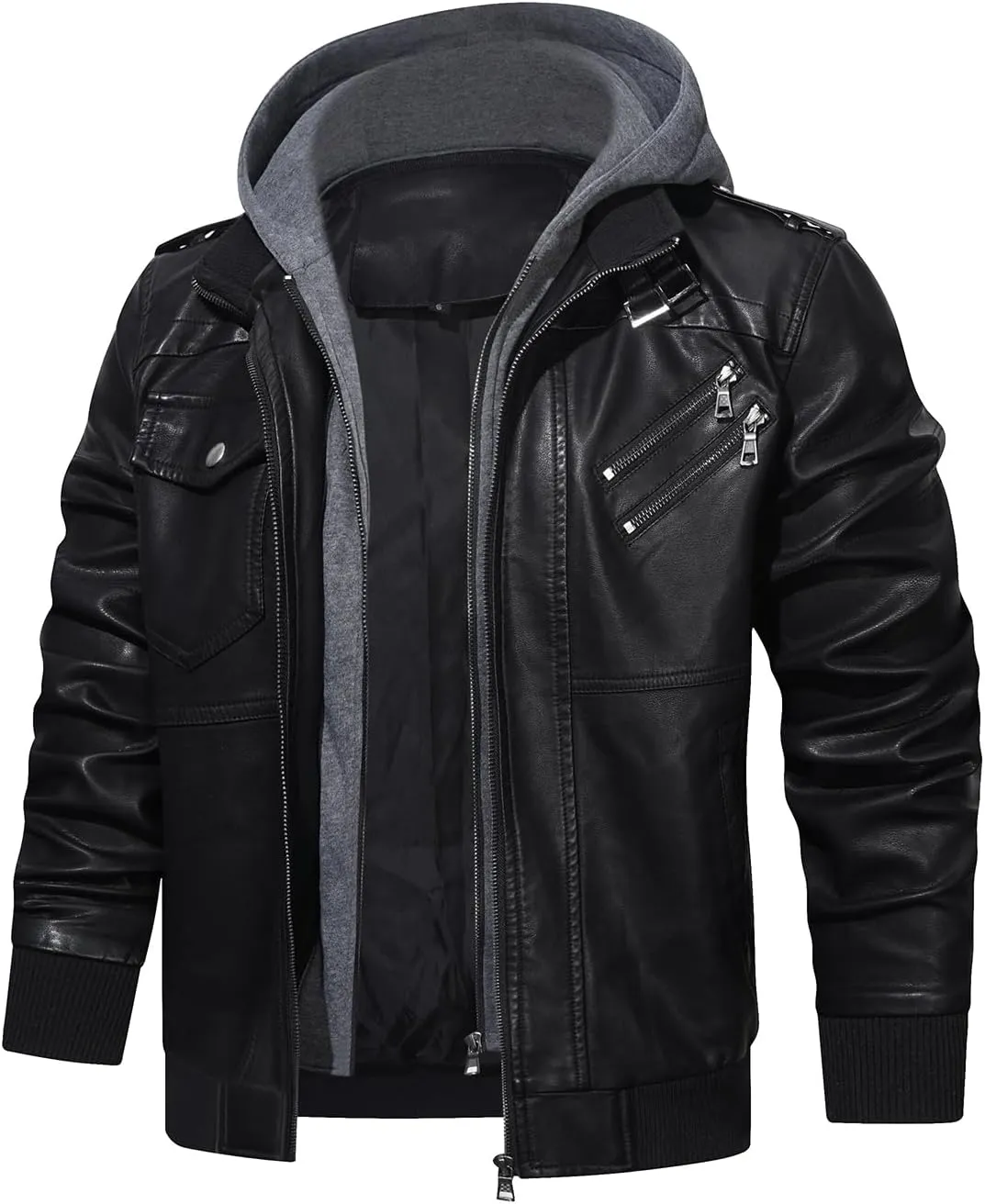 HOOD CREW Mens Casual Stand Collar PU Faux Leather Zip-Up Motorcycle Bomber Jacket With a Removable Hood