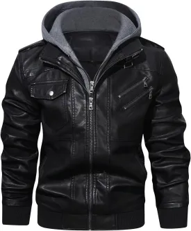 HOOD CREW Mens Casual Stand Collar PU Faux Leather Zip-Up Motorcycle Bomber Jacket With a Removable Hood