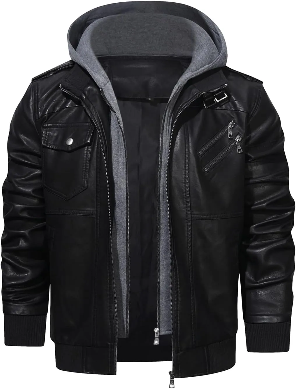 HOOD CREW Mens Casual Stand Collar PU Faux Leather Zip-Up Motorcycle Bomber Jacket With a Removable Hood