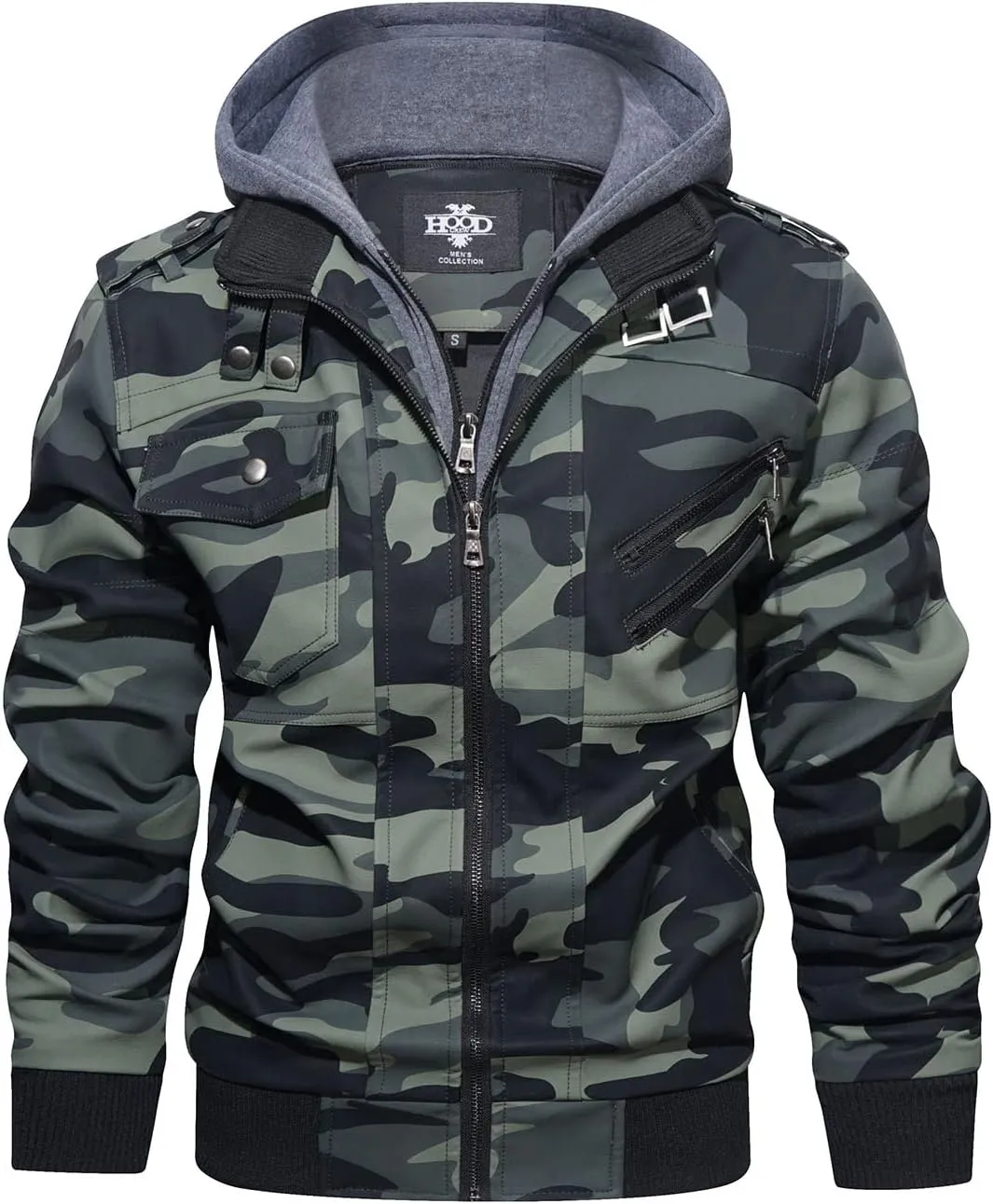 HOOD CREW Mens Casual Stand Collar PU Faux Leather Zip-Up Motorcycle Bomber Jacket With a Removable Hood