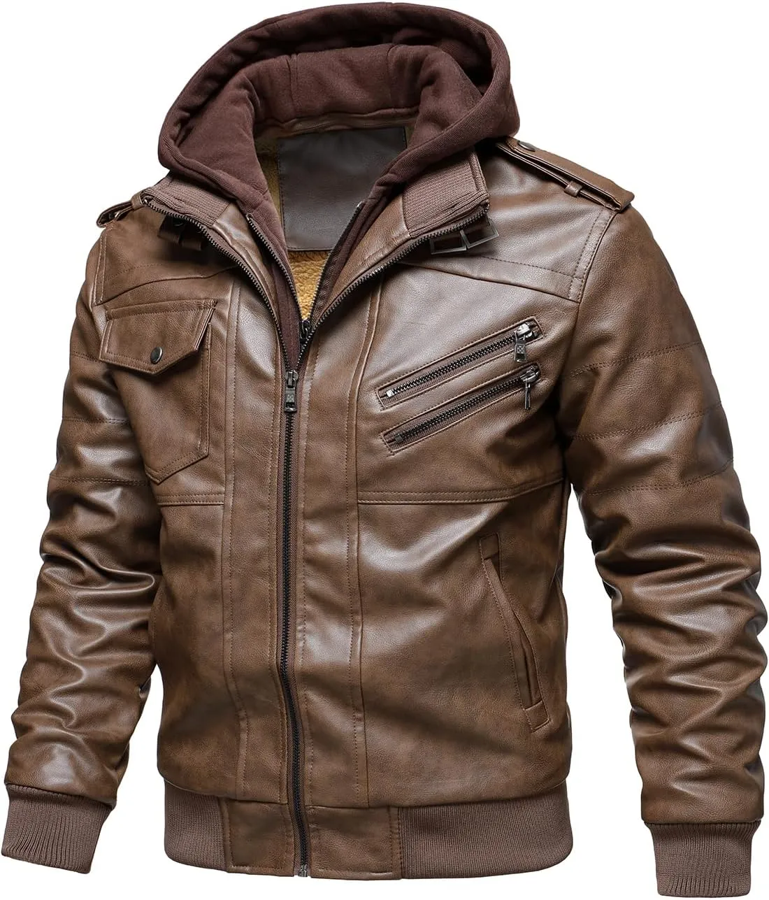 HOOD CREW Mens Casual Stand Collar PU Faux Leather Zip-Up Motorcycle Bomber Jacket With a Removable Hood
