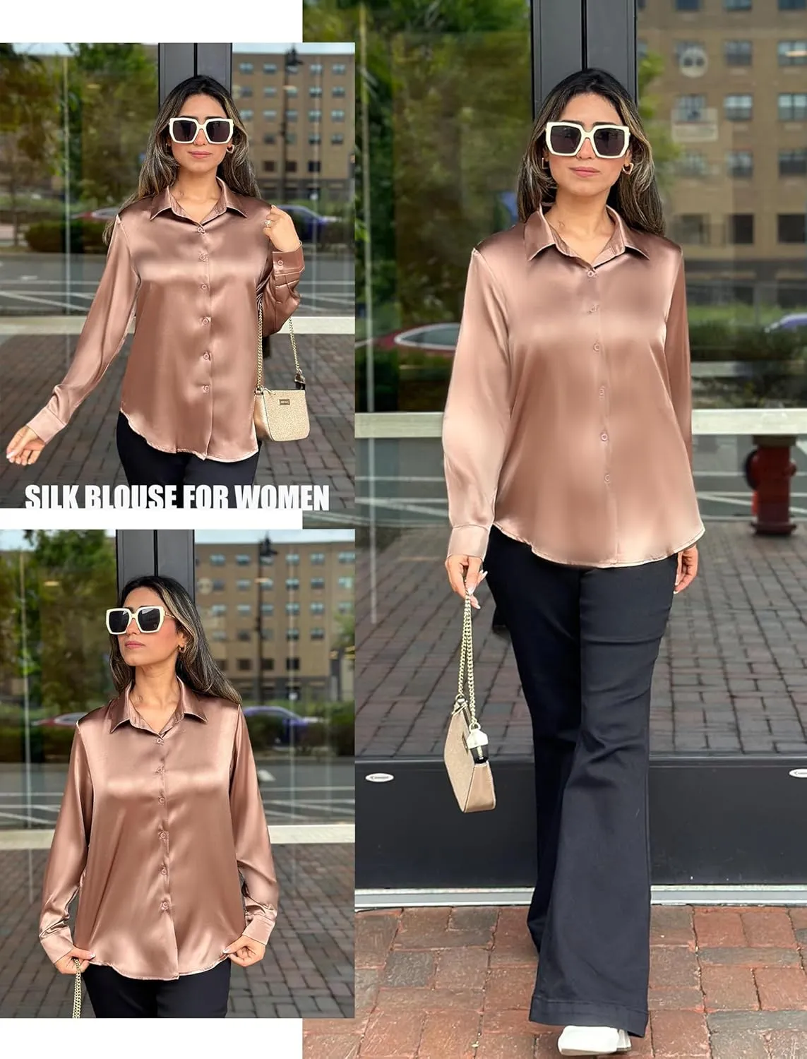 HOTOUCH Women's Satin Silk Shirts Button Down V Neck Dressy Casual Blouse Loose Long Sleeve Office Work Tunic Tops