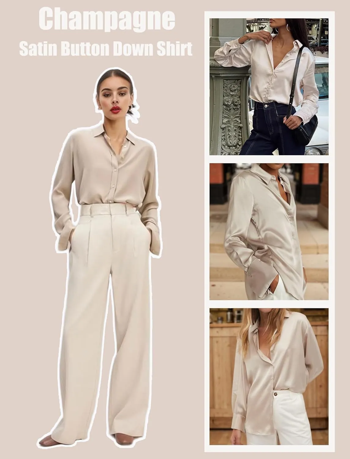 HOTOUCH Women's Satin Silk Shirts Button Down V Neck Dressy Casual Blouse Loose Long Sleeve Office Work Tunic Tops