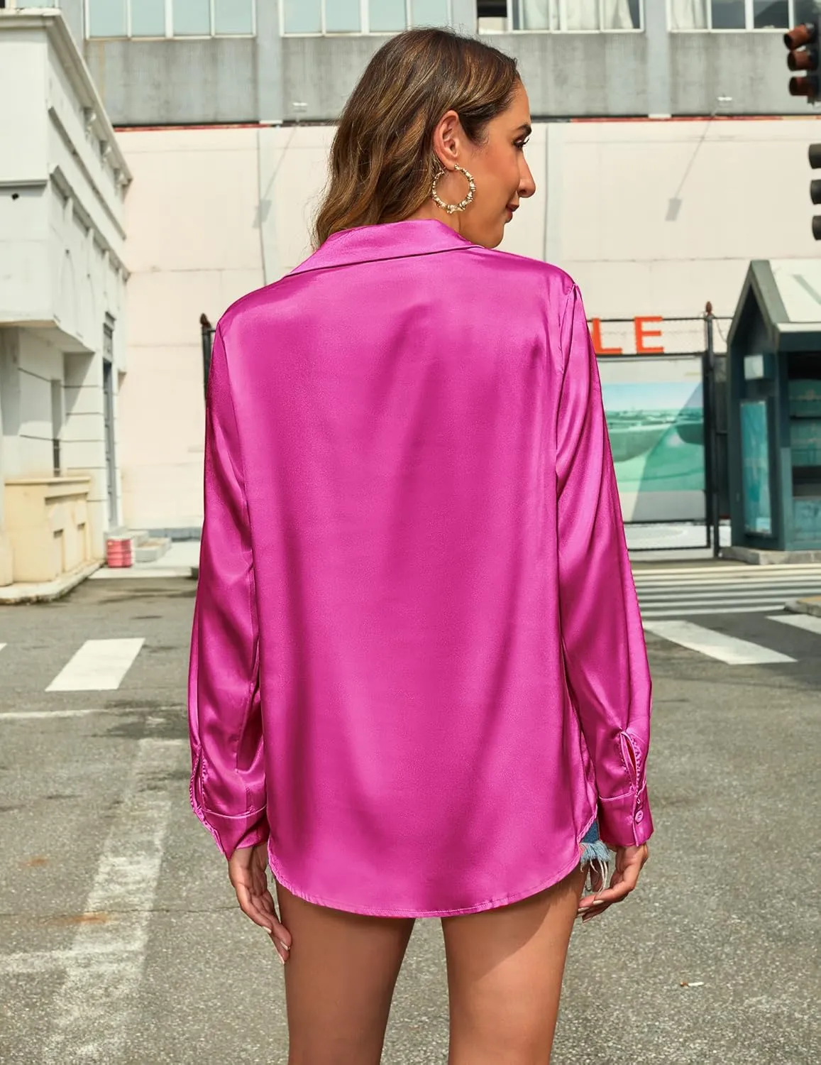 HOTOUCH Women's Satin Silk Shirts Button Down V Neck Dressy Casual Blouse Loose Long Sleeve Office Work Tunic Tops