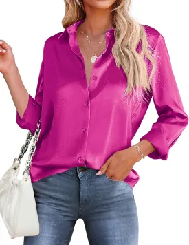 HOTOUCH Women's Satin Silk Shirts Button Down V Neck Dressy Casual Blouse Loose Long Sleeve Office Work Tunic Tops