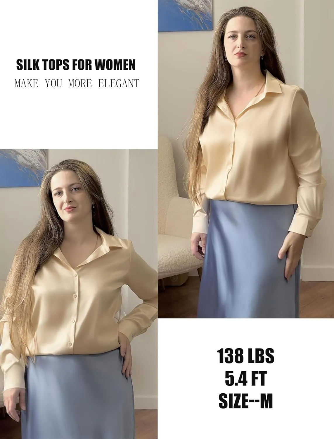 HOTOUCH Women's Satin Silk Shirts Button Down V Neck Dressy Casual Blouse Loose Long Sleeve Office Work Tunic Tops