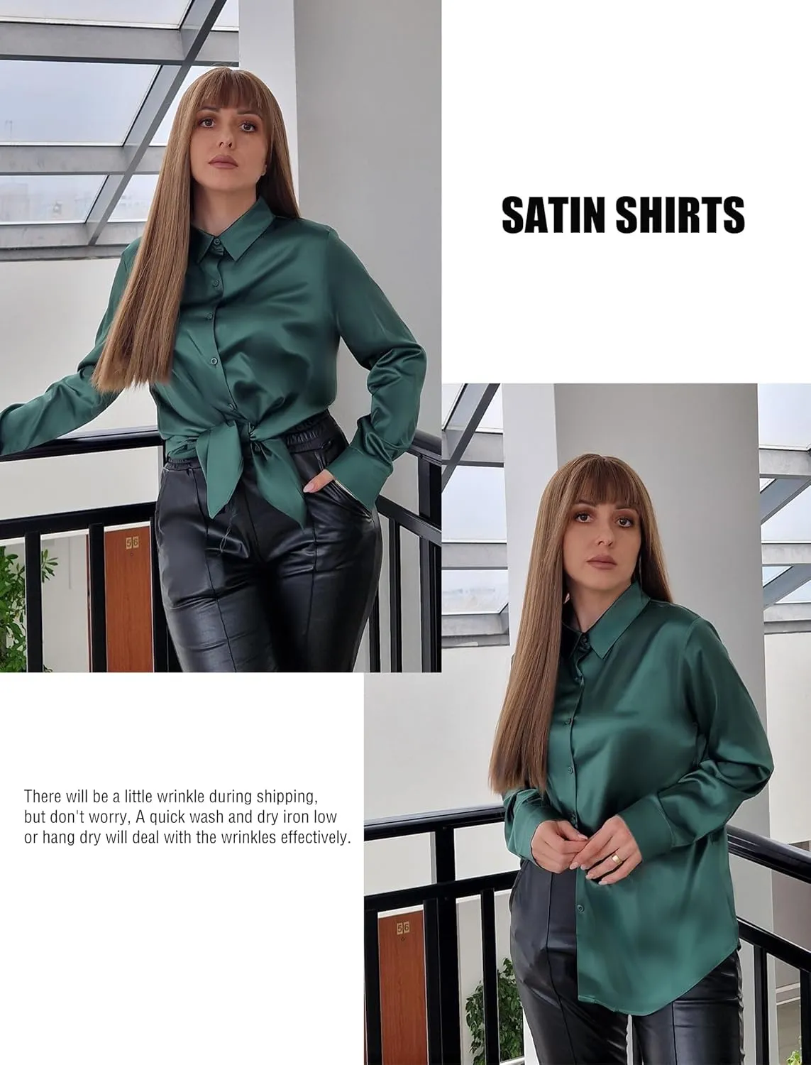HOTOUCH Women's Satin Silk Shirts Button Down V Neck Dressy Casual Blouse Loose Long Sleeve Office Work Tunic Tops